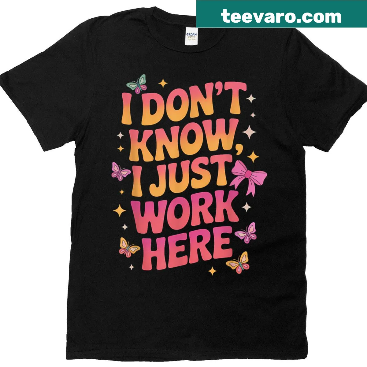 Funny work T-shirt with playful saying in pink — on a men's t-shirt