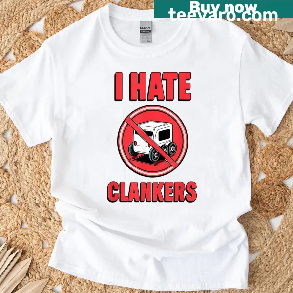 Bold quote 'I Hate Clankers' on a sci-fi themed t-shirt