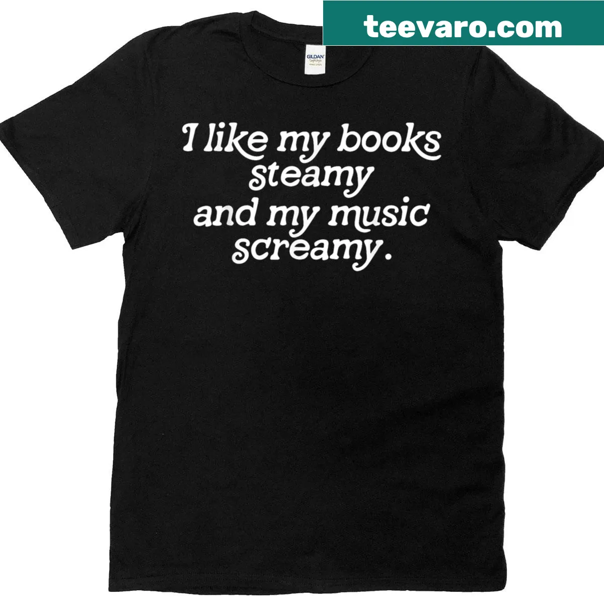 Humorous T-shirt for book and music lovers — on a men's t-shirt