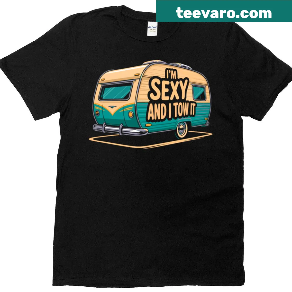 Funny RV camping shirt with retro typography — on a men's t-shirt