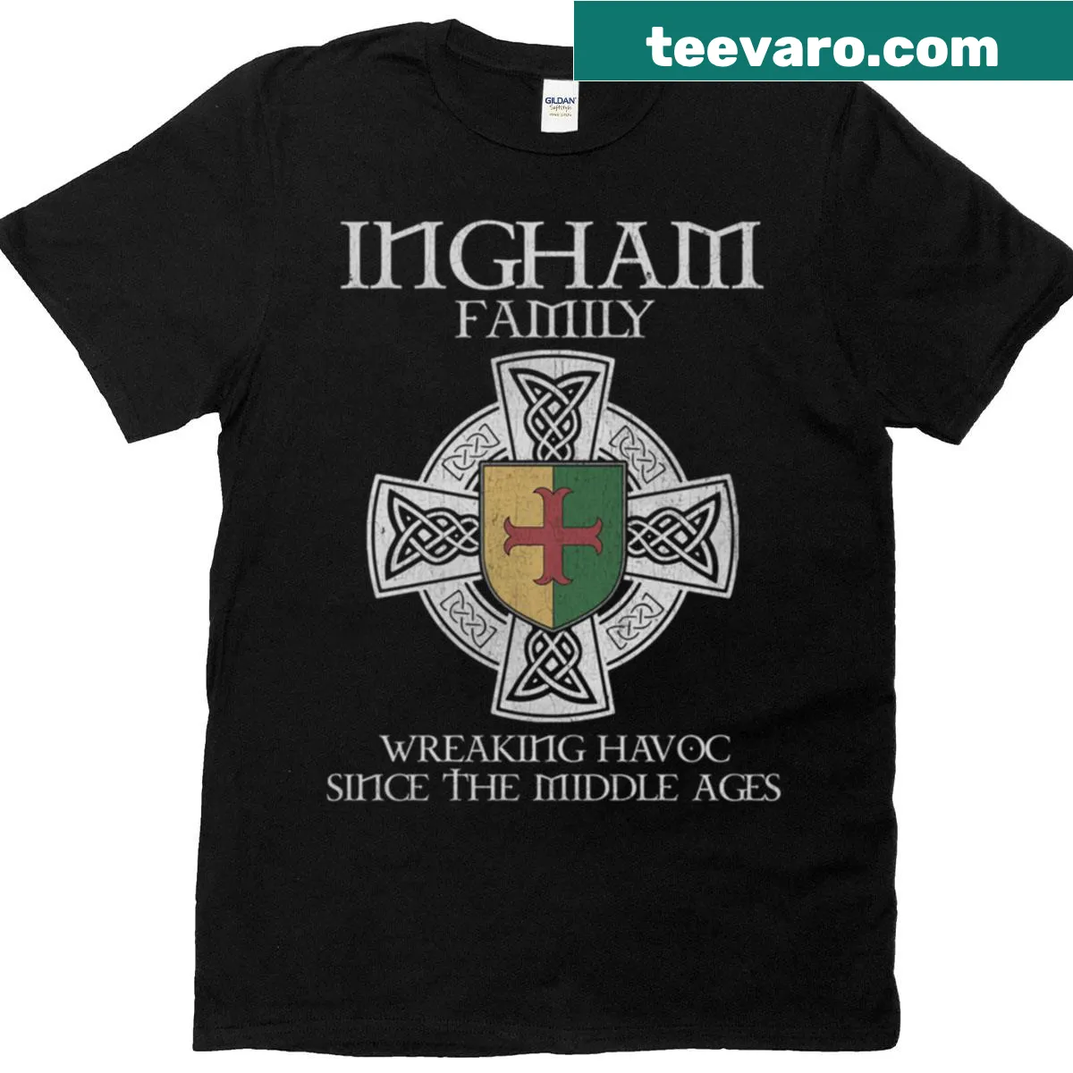 Vintage-style t-shirt with Ingham family crest design — on a men's t-shirt