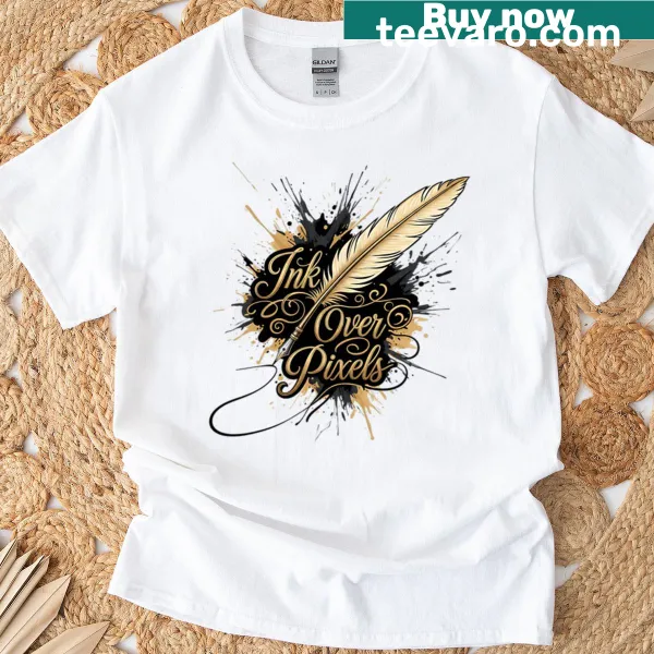 T-shirt with quill and ink splatter illustration
