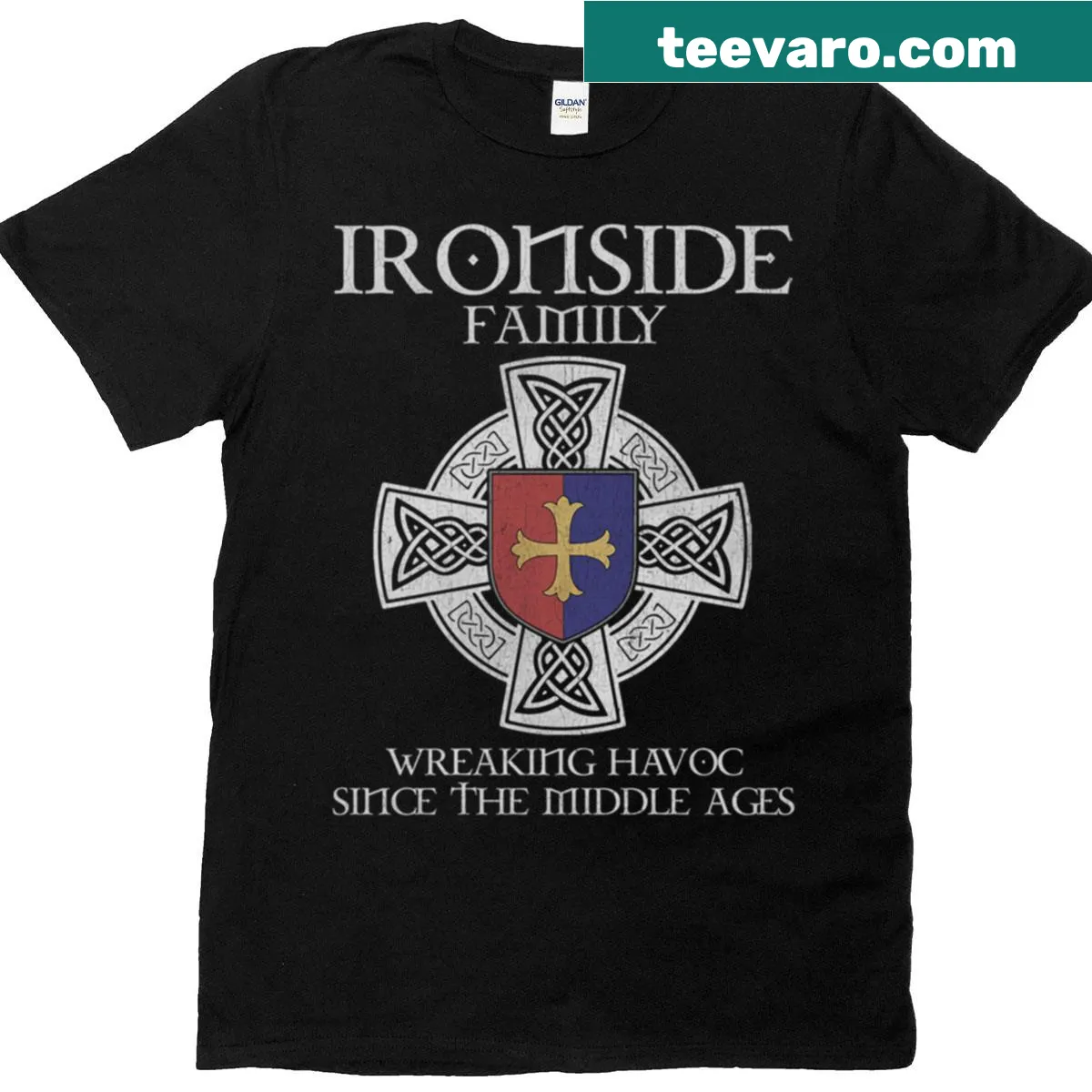Vintage-style T-shirt with Ironside Family Crest emblem — on a men's t-shirt