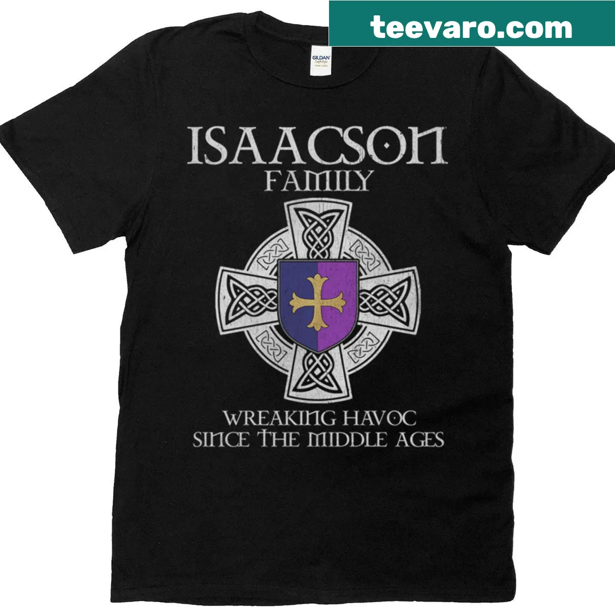 Vintage Isaacson family crest t-shirt with medieval heritage design — on a men's t-shirt