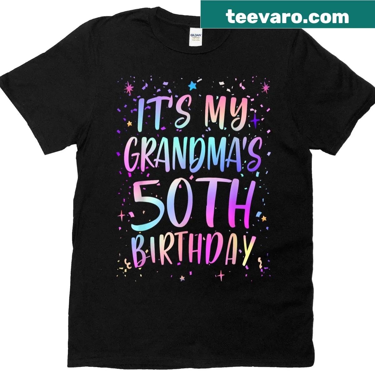 Colorful t-shirt celebrating a grandma's 50th birthday — on a men's t-shirt