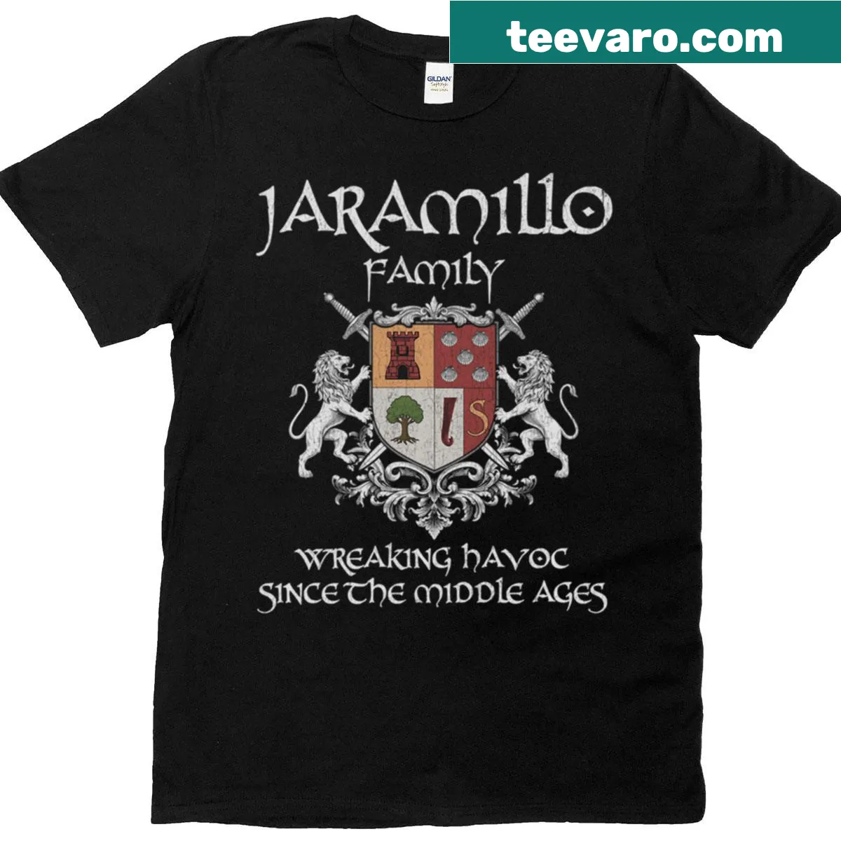 Vintage family crest T-shirt celebrating medieval heritage — on a men's t-shirt