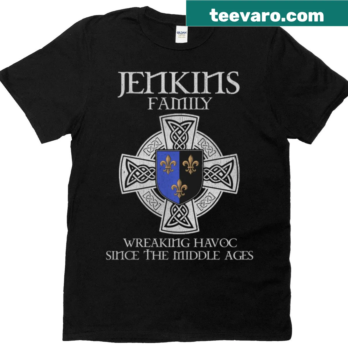 Vintage family crest shirt showcasing Jenkins emblem — on a men's t-shirt