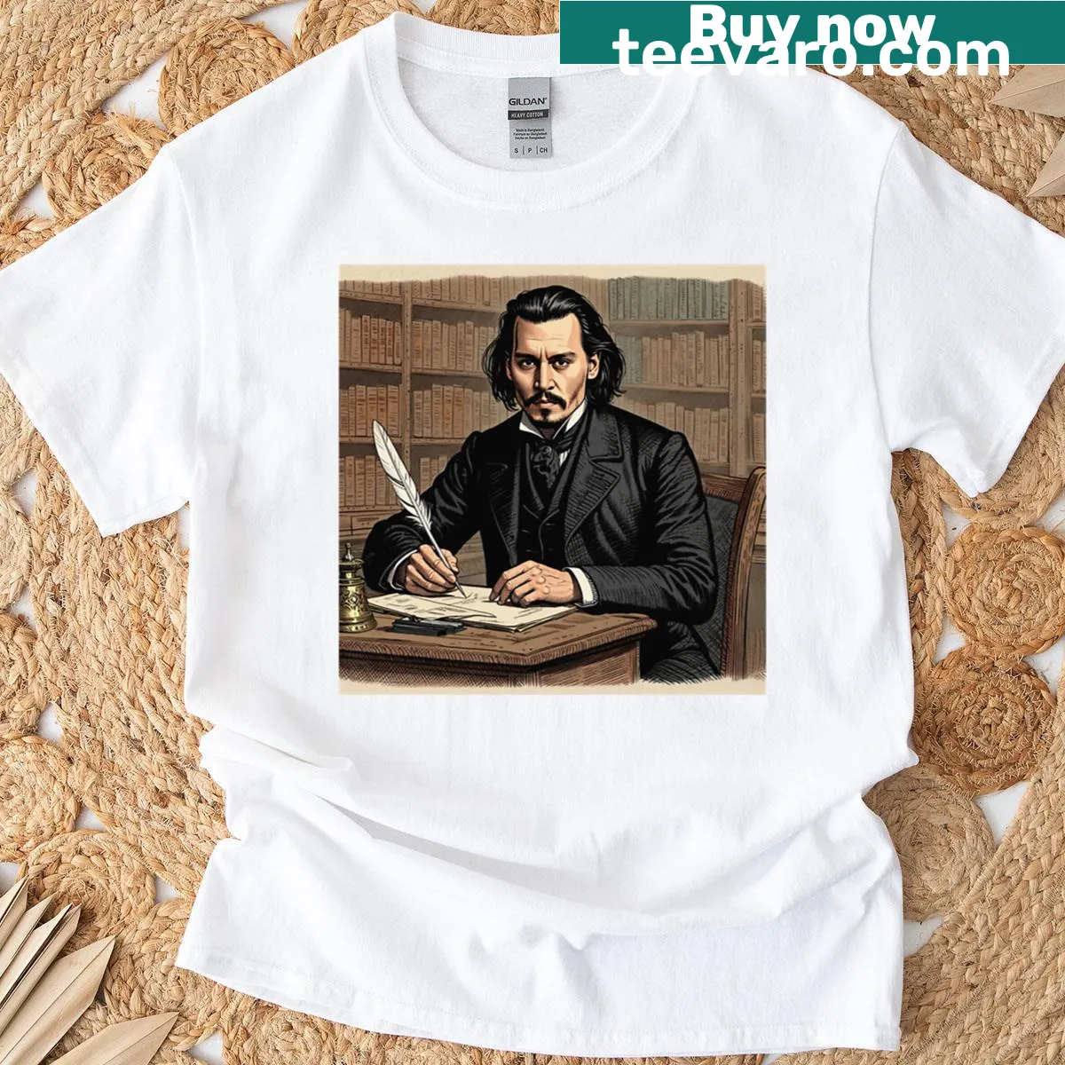 Vintage etching style portrait of Johnny Depp on a T-shirt — on a men's t-shirt