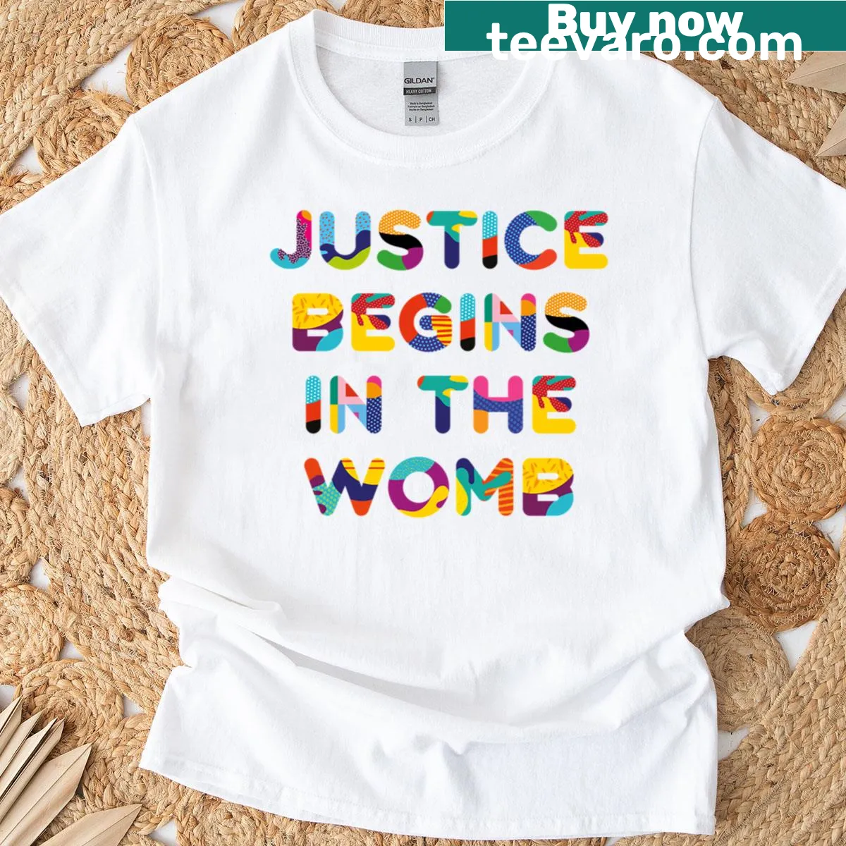 Oversized t-shirt with a bold statement about justice in the womb — on a men's t-shirt