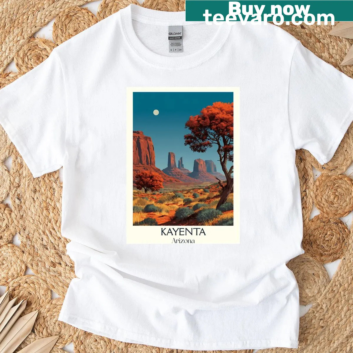 Vintage poster T-shirt featuring Monument Valley art — on a men's t-shirt