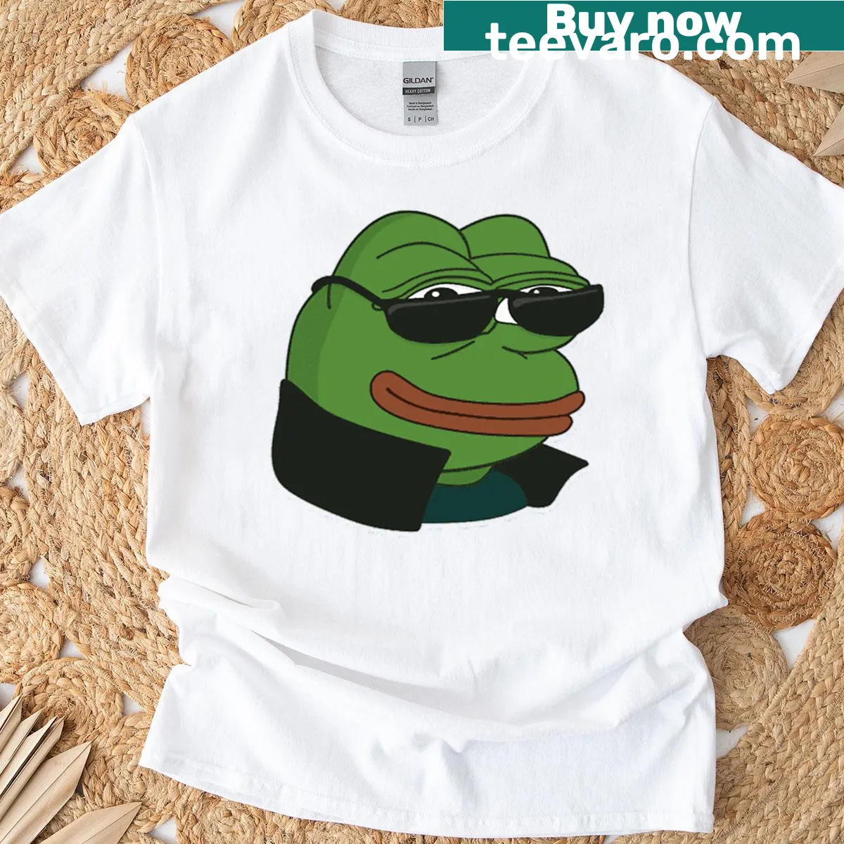T-shirt featuring cartoon Kermit wearing sunglasses — on a men's t-shirt