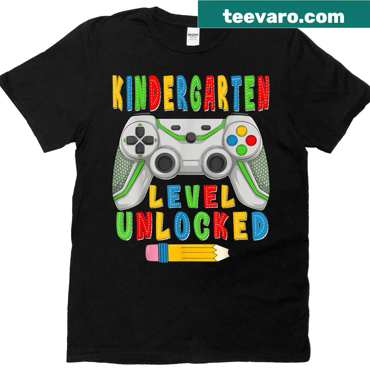 Illustrated T-shirt for kids reading Kindergarten Level Unlocked — on a men's t-shirt