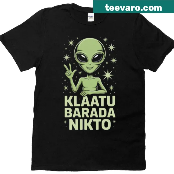 Retro alien peace sign design with Klaatu Barada Nikto text.