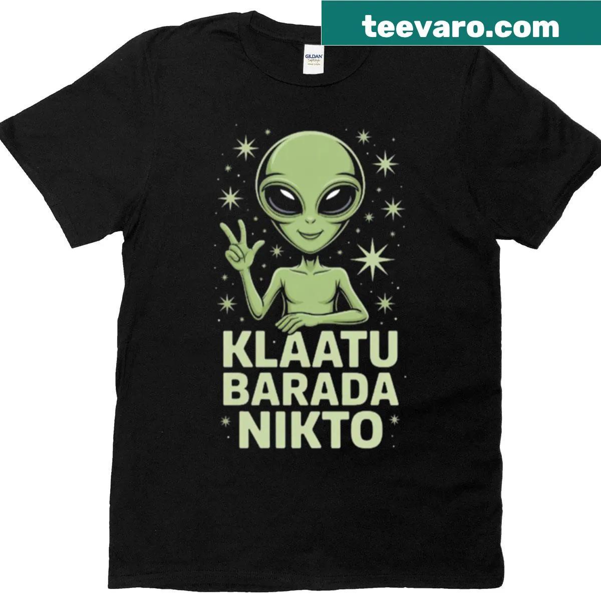 Retro alien peace sign design with Klaatu Barada Nikto text. — on a men's t-shirt