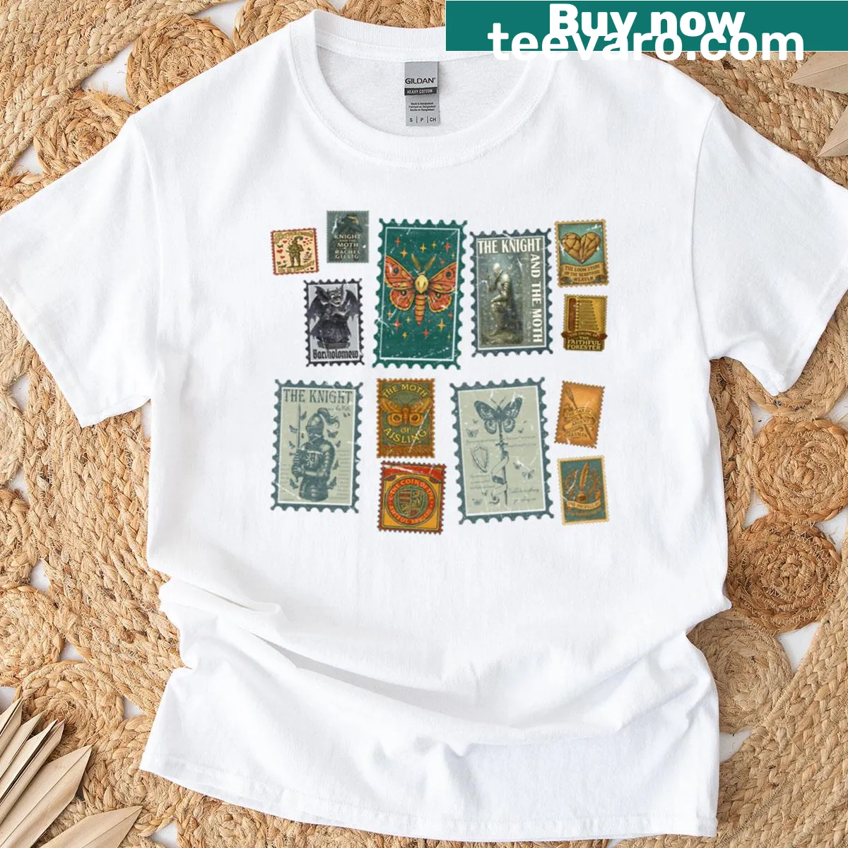 Vintage-inspired t-shirt featuring a knight and moth graphic — on a men's t-shirt