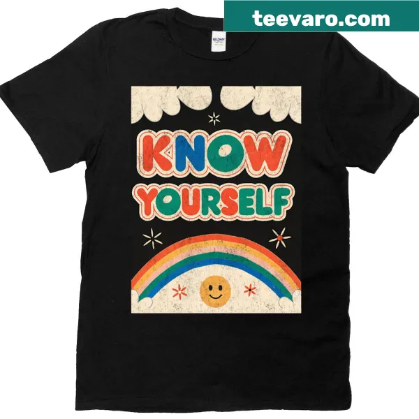 Retro rainbow and happy face design on a T-shirt.