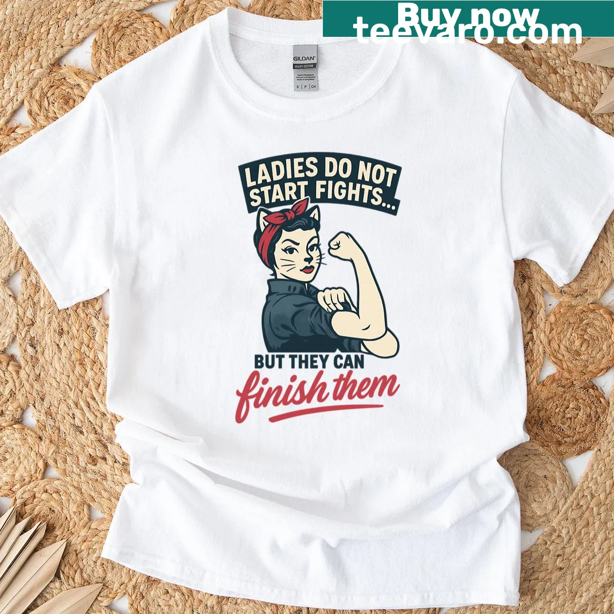 Vintage Rosie tee with a fun saying about ladies and fighting — on a men's t-shirt