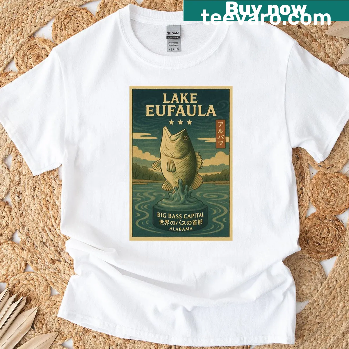 Retro T-shirt featuring Lake Eufaula Alabama vintage travel design — on a men's t-shirt