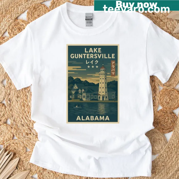 Vintage-style t-shirt depicting Lake Guntersville, Alabama in retro Japanese design.