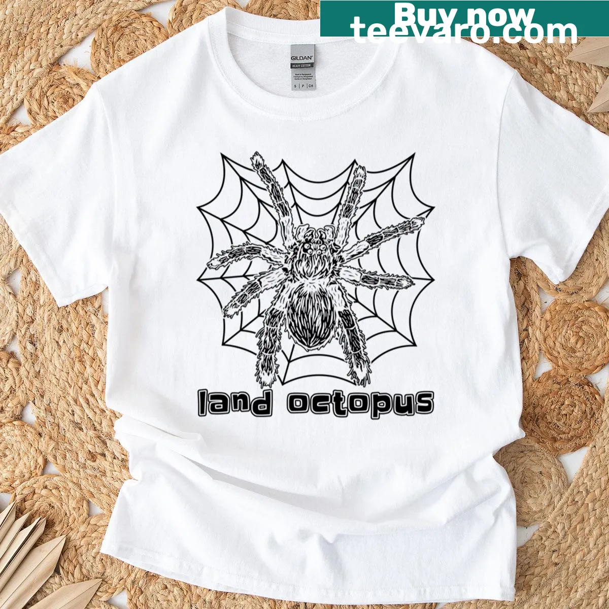 Illustrated terrarium design featuring land octopus and tarantula — on a men's t-shirt