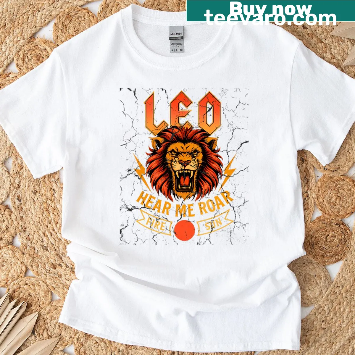 Oversized tee with Leo zodiac design inspired by 80s rock bands. — on a men's t-shirt