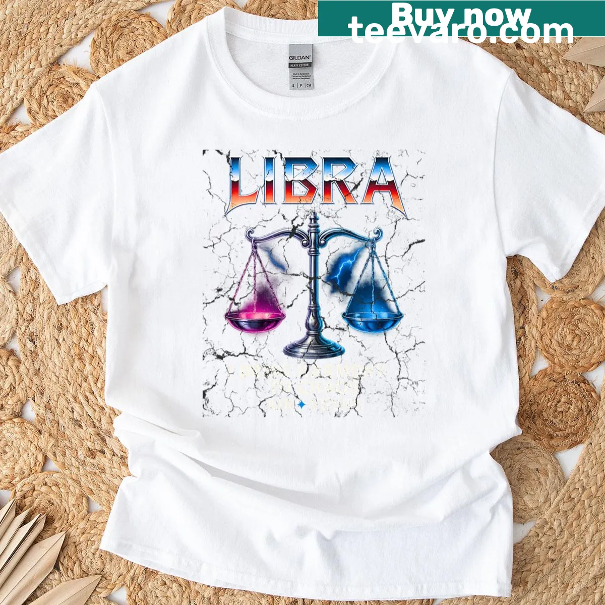 Vintage-style T-shirt featuring Libra Zodiac and 80s rock design — on a men's t-shirt