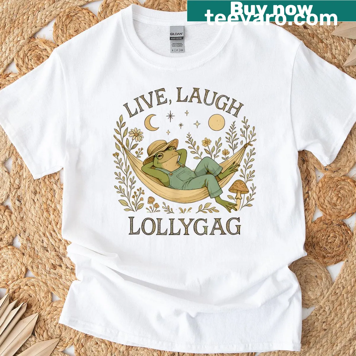 A humorous cowboy frog illustration with the phrase 'Live Laugh Lollygag' for a fun vibe. — on a men's t-shirt