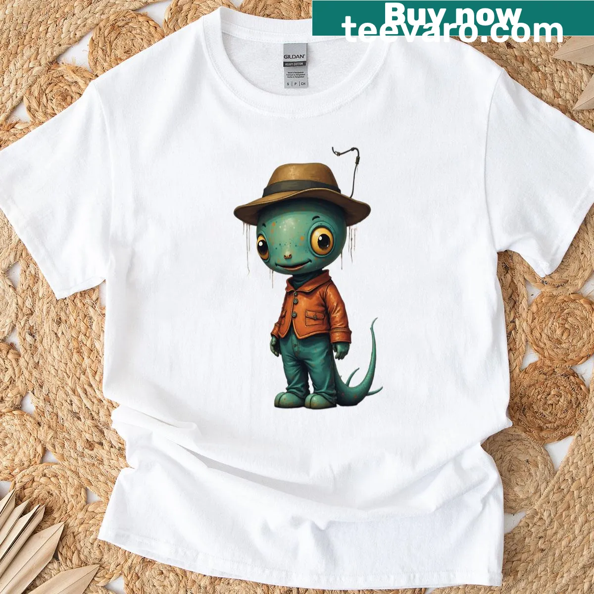 T-shirt with a quirky lizard detective illustration — on a men's t-shirt