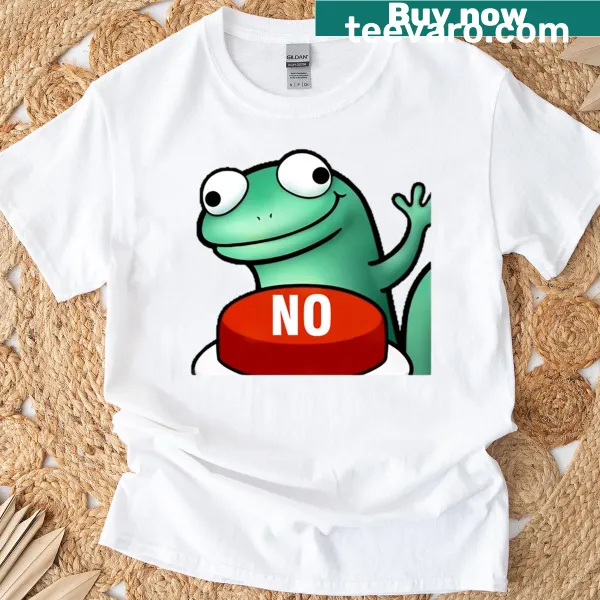Cartoon lizard hitting a button labeled 'No' on t-shirt