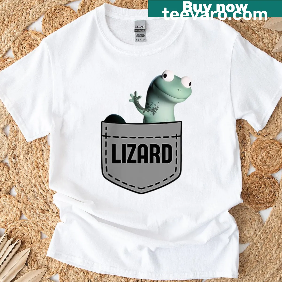 Playful t-shirt with a lizard illustration peeking from a pocket — on a men's t-shirt