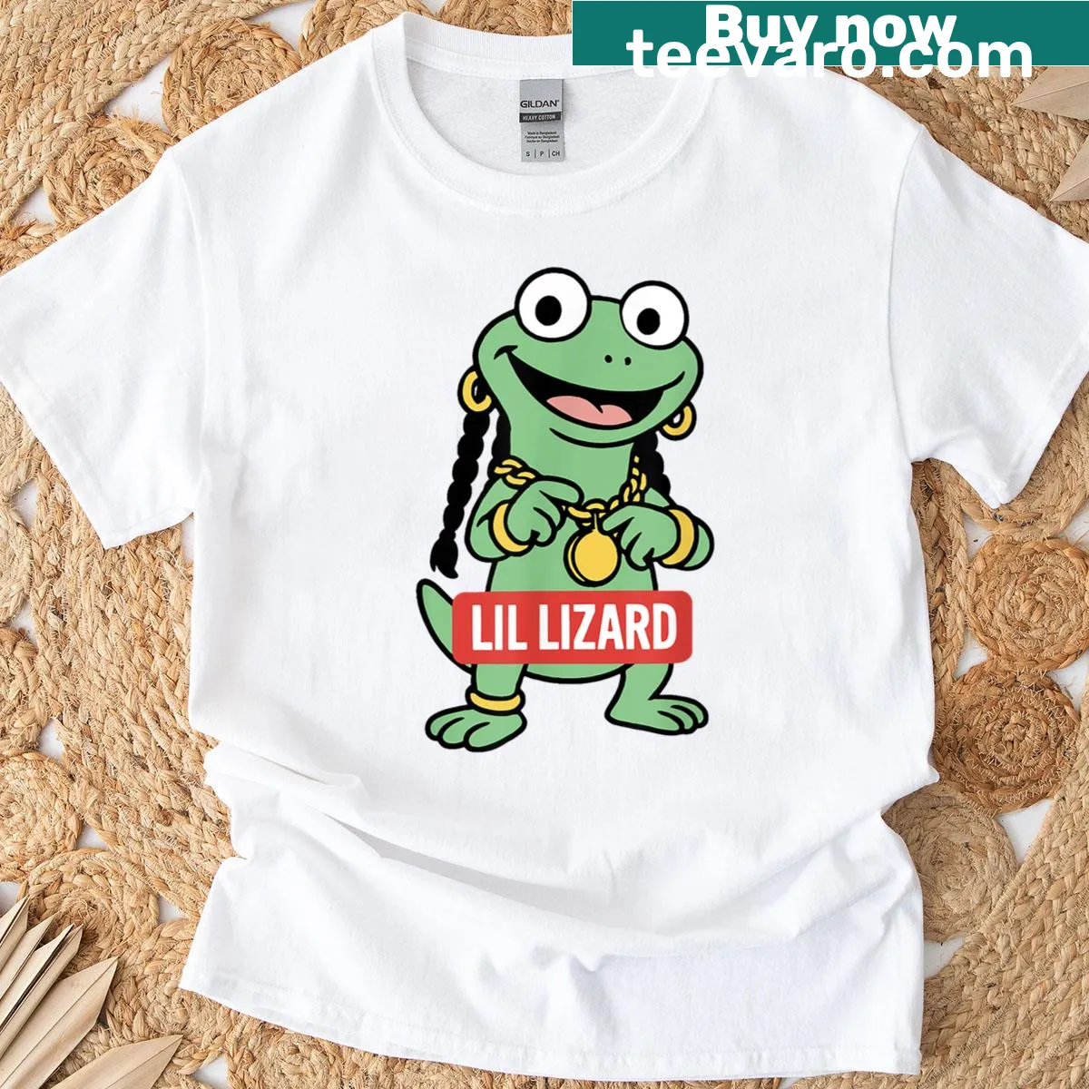 Viral lizard meme t-shirt with lively text design — on a men's t-shirt