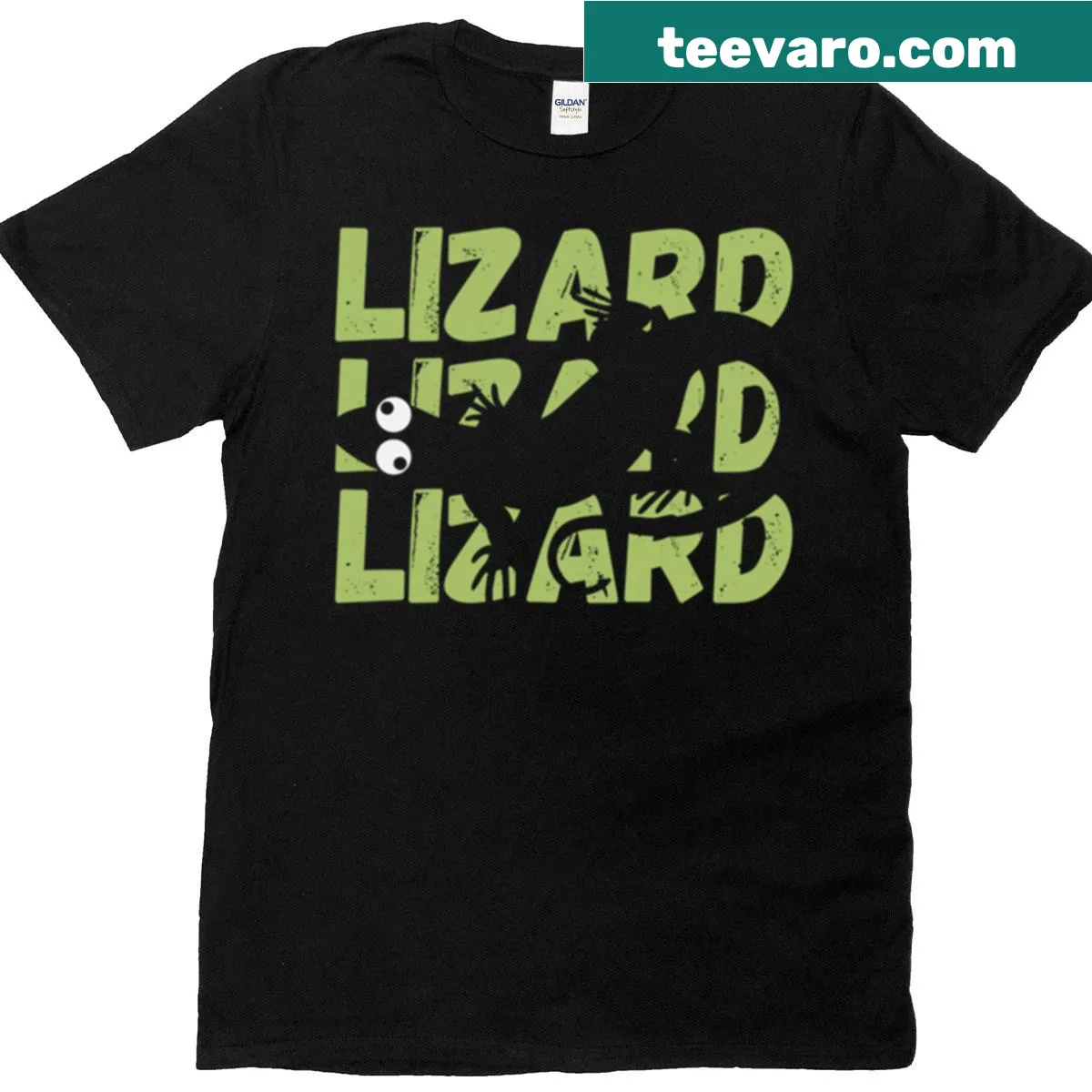 Cartoon T-shirt featuring repeated lizard graphics and playful text — on a men's t-shirt