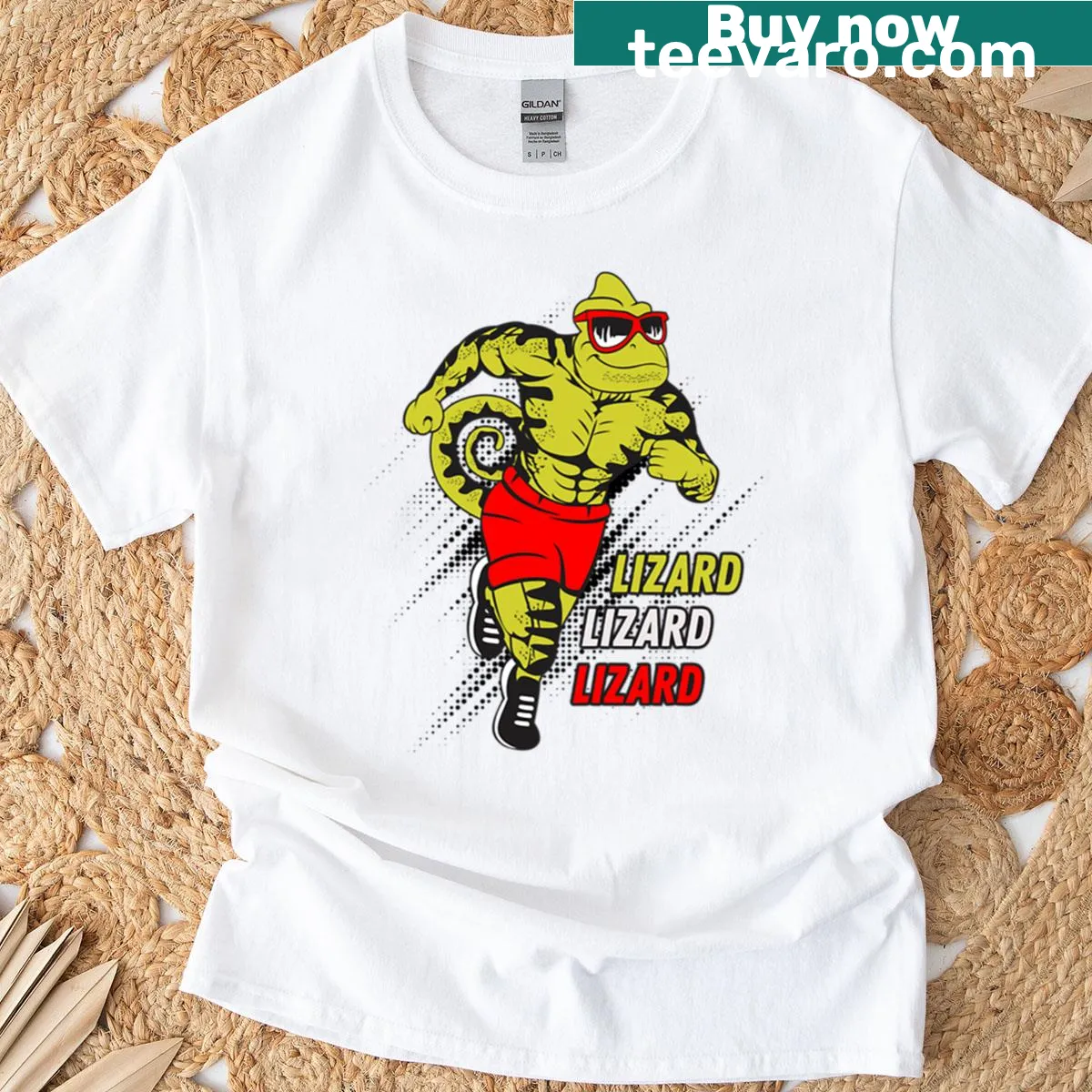 Illustrated T-shirt featuring a playful running lizard design — on a men's t-shirt