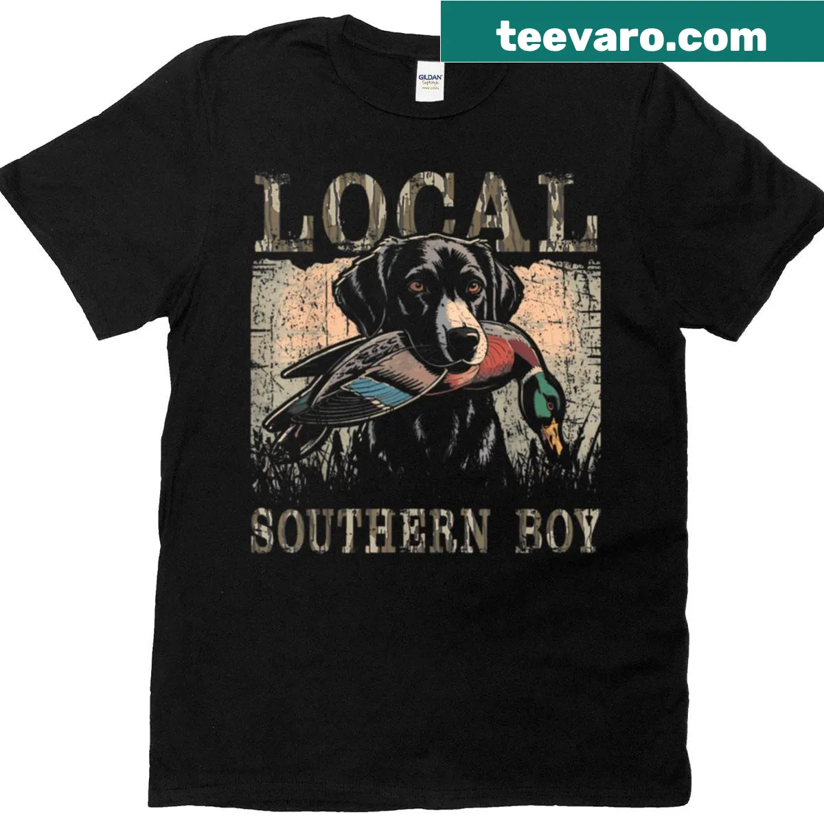 Vintage-style t-shirt featuring a black lab and duck hunting theme. — on a men's t-shirt