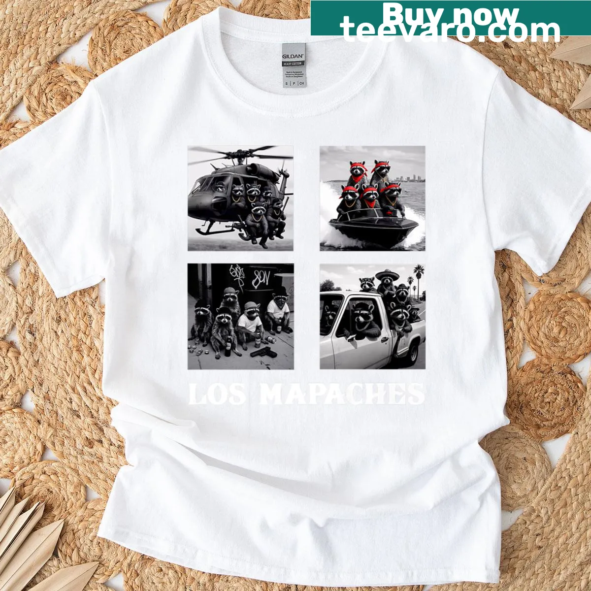 Urban humor raccoon gang meme t-shirt — on a men's t-shirt
