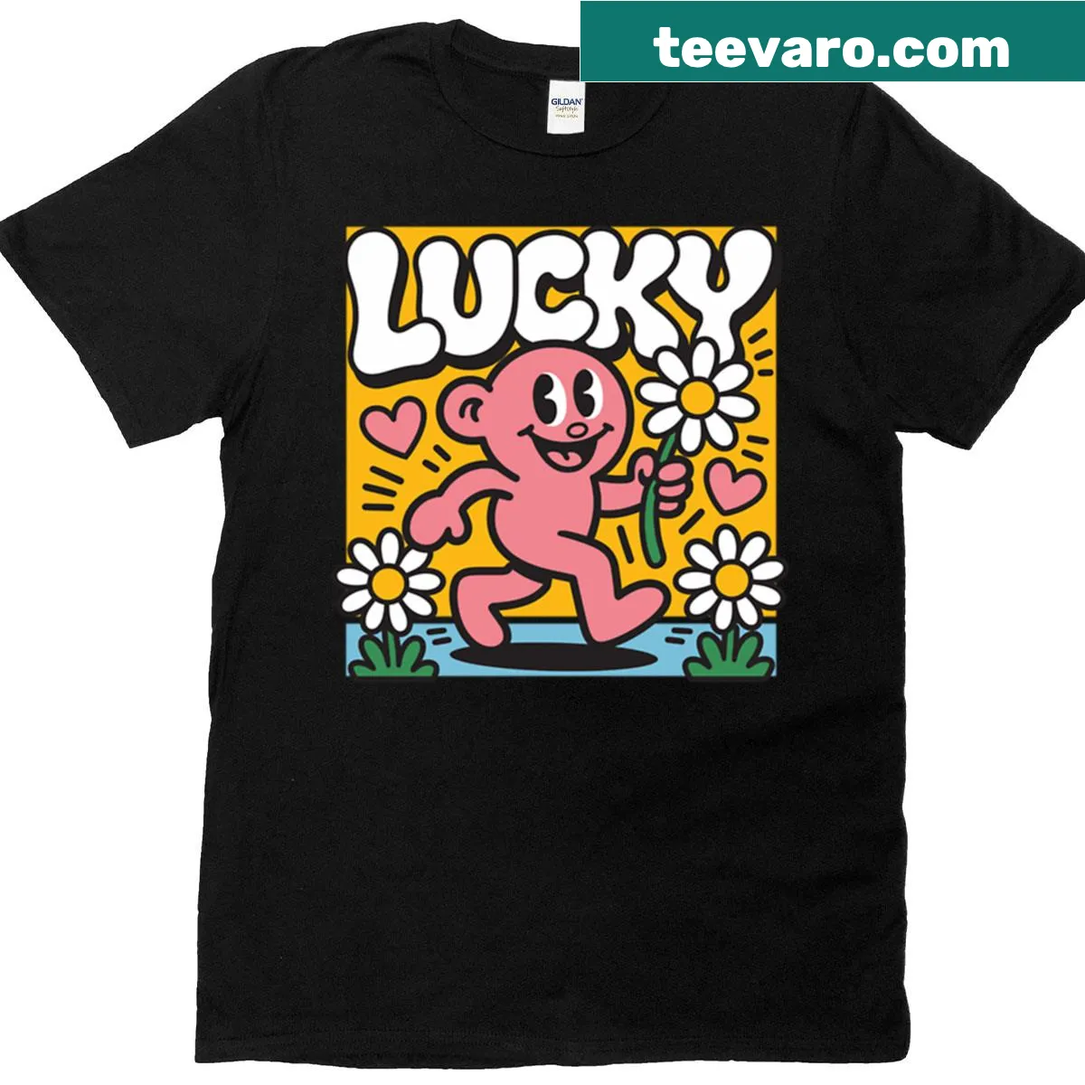 Retro cartoon character surrounded by flowers on T-shirt — on a men's t-shirt