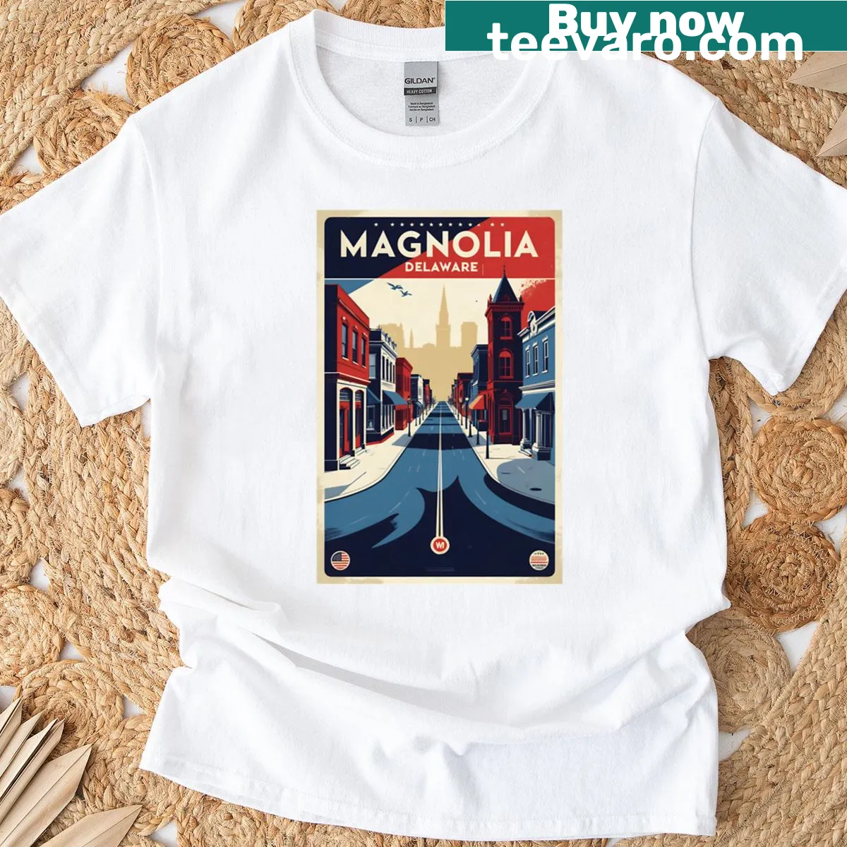 Vintage-style T-shirt featuring Magnolia Delaware tourism design. — on a men's t-shirt