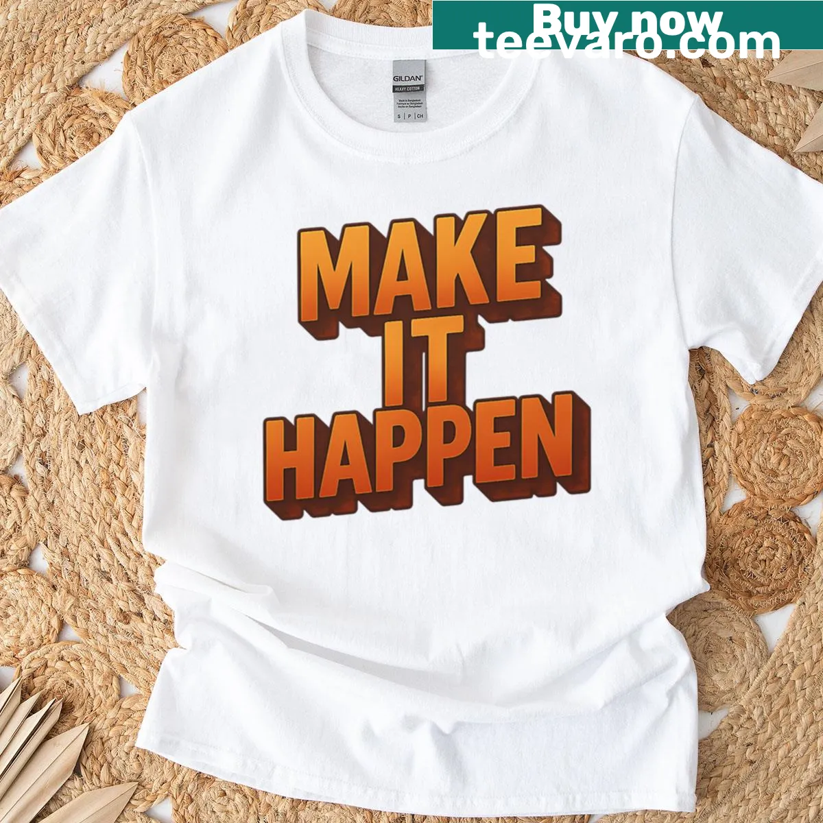 Retro style T-shirt with bold 3D typography saying Make It Happen — on a men's t-shirt