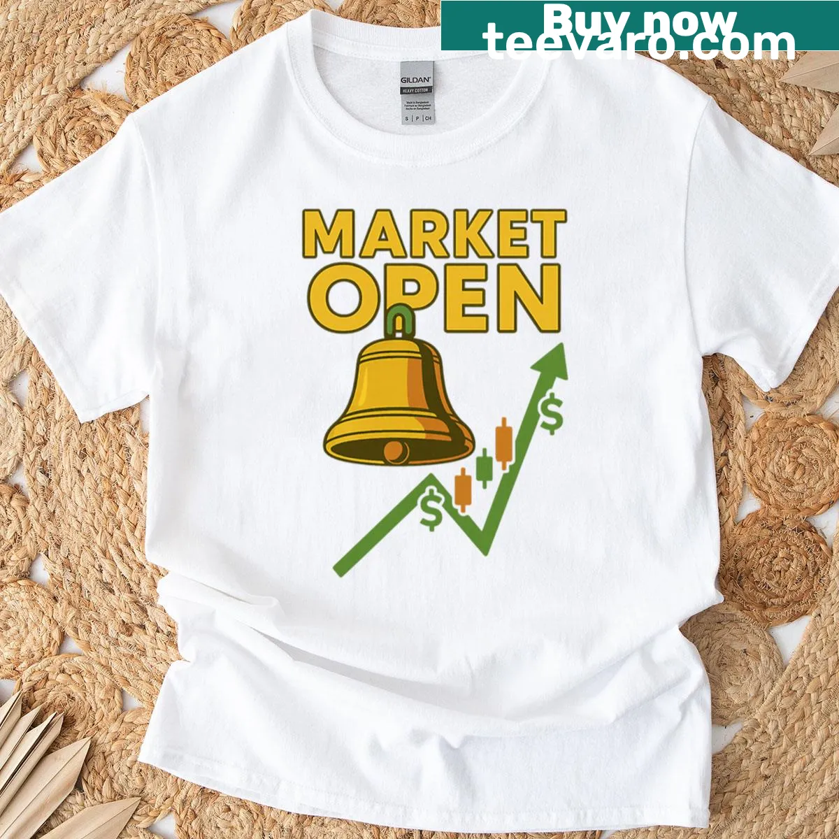 Vintage stock trading t-shirt with market open bell design — on a men's t-shirt