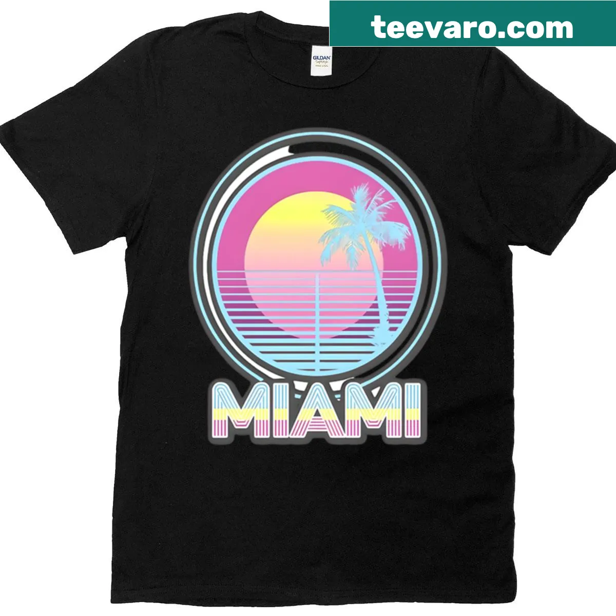 Vintage t-shirt with Miami sunset 80s vibes design — on a men's t-shirt