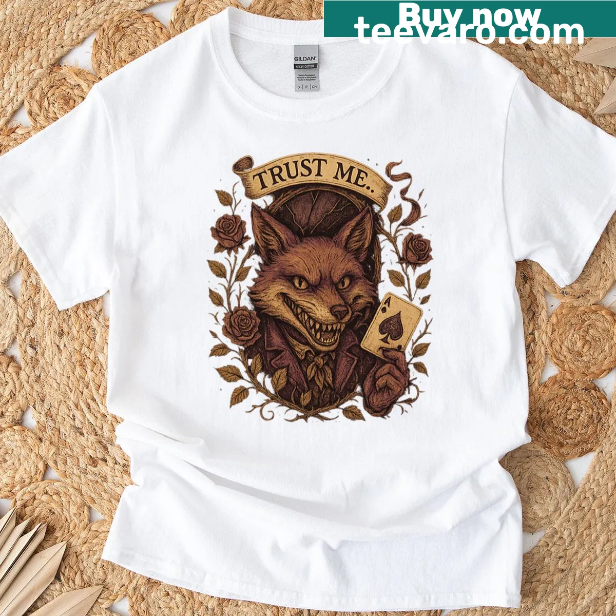 Vintage gothic illustration of a fox with 'Trust Me' text — on a men's t-shirt