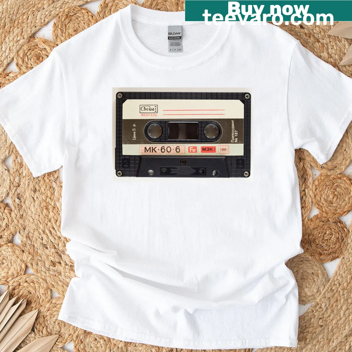 Retro T-shirt featuring a vintage cassette tape design — on a men's t-shirt