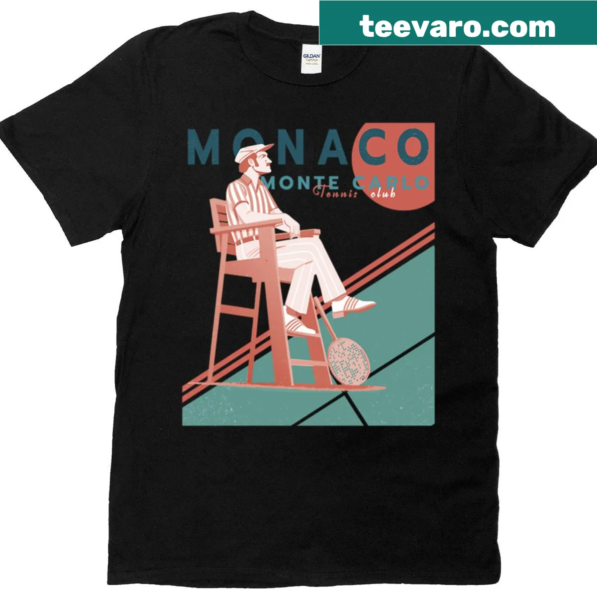 Monaco Tennis Club t-shirt with a minimalist illustration of a tennis club emblem. — on a men's t-shirt