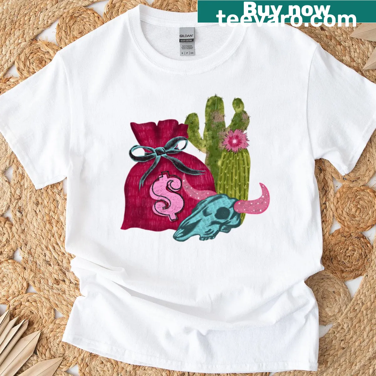 Graphic T-shirt featuring a money bag with cacti and a bull skull — on a men's t-shirt