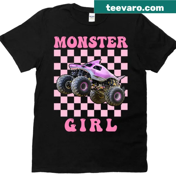 T-shirt featuring a playful monster girl and shark truck design