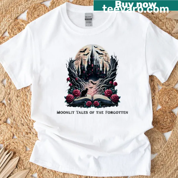 Oversized gothic-themed t-shirt with castle, roses, and a black cat