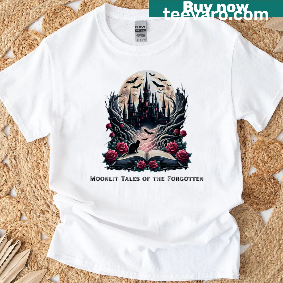 Oversized gothic-themed t-shirt with castle, roses, and a black cat — on a men's t-shirt