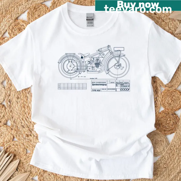 Illustrated motorcycle blueprint graphic on a dark T-shirt