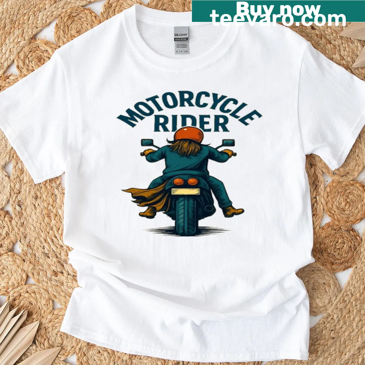 Playful cartoon motorcycle graphic T-shirt for riders. — on a men's t-shirt