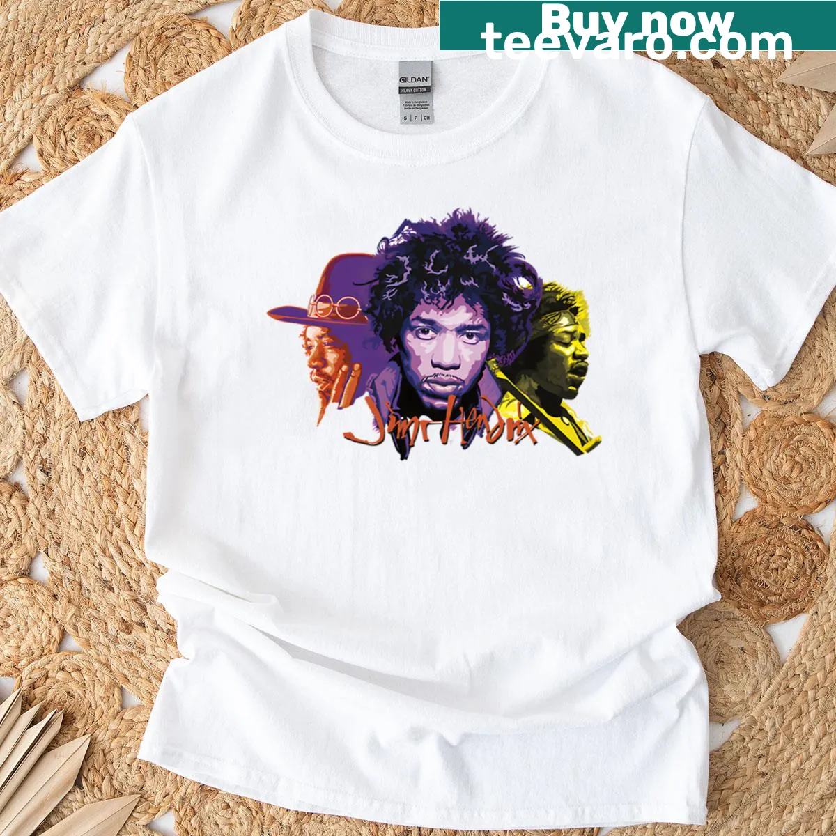Illustrative musician tribute shirt featuring stars and guitars inspired by Hendrix. — on a men's t-shirt